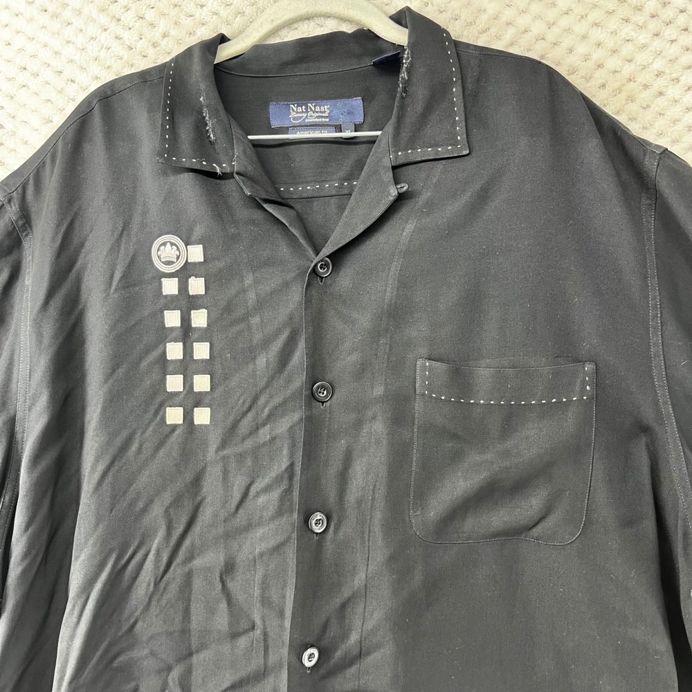 Nat Nast‎ Silk Button Up Shirt Short Sleeve Embroidered Accents Black Bowling XL